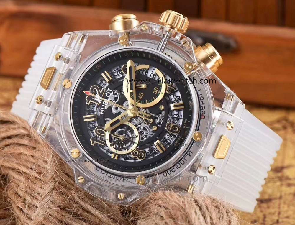 Copy Unico Sapphire Hublot Transparent Watch w/ gold crown